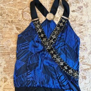 bebe Blue and Black Patterned Tank Top
